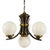 An elegant Art Deco chandelier defined by its balanced composition and gently curved arms carrying spherical opaline glass...