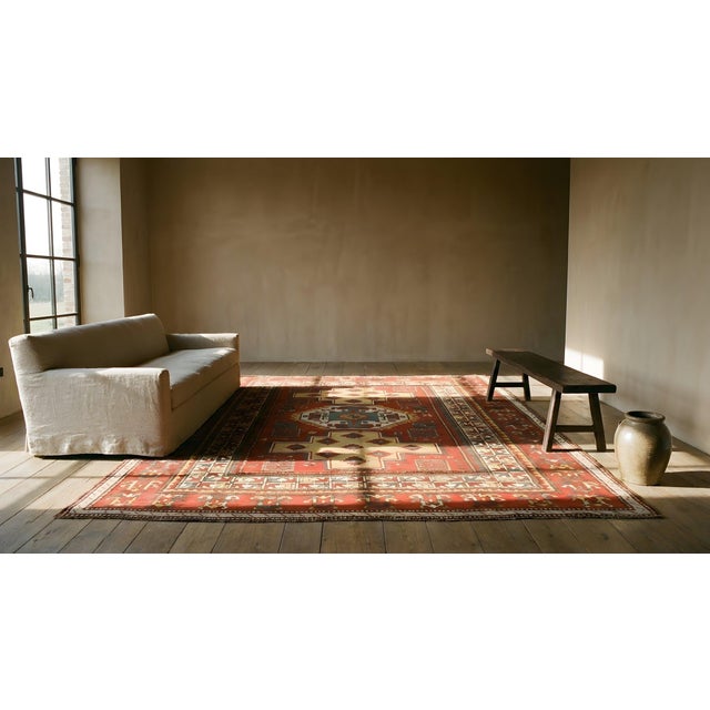 Red 1890s Red Geometric Tribal Caucasian Kazak Fachralo Rug 6'8" X 7'9" Handknotted Wool Carpet For Sale - Image 8 of 8