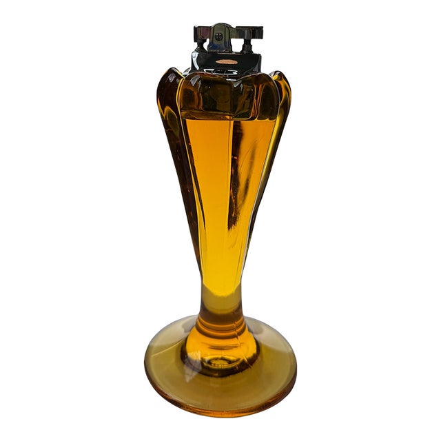 Mid-Century Amber Glass Table Lighter Sculptural Pedestal Form For Sale