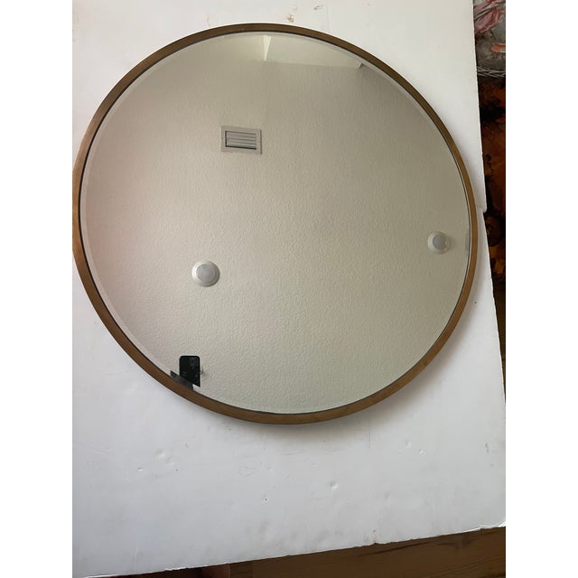1970s 36” Round Modern Bevelled Brass Mirror For Sale - Image 4 of 4