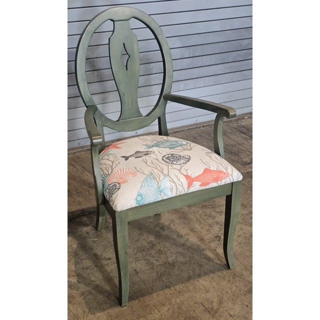 Store Item: Ethan Allen Open Arm Chair Green Painted Wood Ocean Print Fabric Fish & Starfish Description: Chair features a...