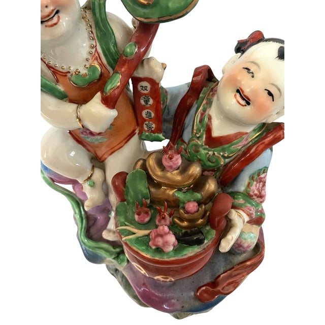 Vintage Chinese Lucky Boy and Girl Porcelain Hand Painted Statue Figurine For Sale - Image 4 of 8