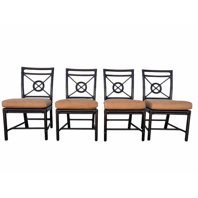 Set of 4 McGuire Rattan Target Back Dining Chairs with Premium Tan Pigmented Leather Cushions. Also available in sets of...