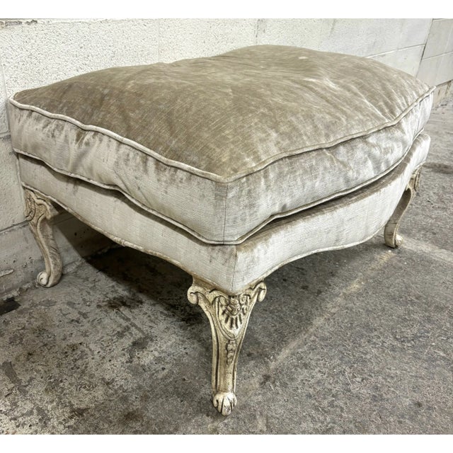 Louis XV Carved Painted Distressed Striped Upholstered Ottoman For Sale In Kansas City - Image 6 of 9