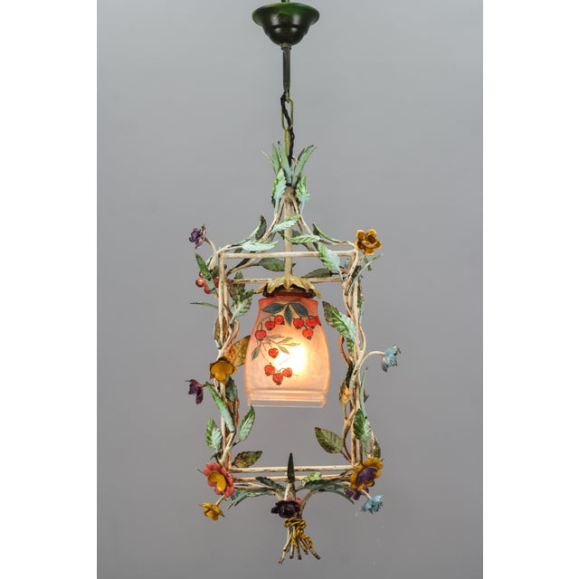 French Tole and Glass Polychrome Pastel Flower Cage Pendant Light, 1950s For Sale - Image 3 of 18