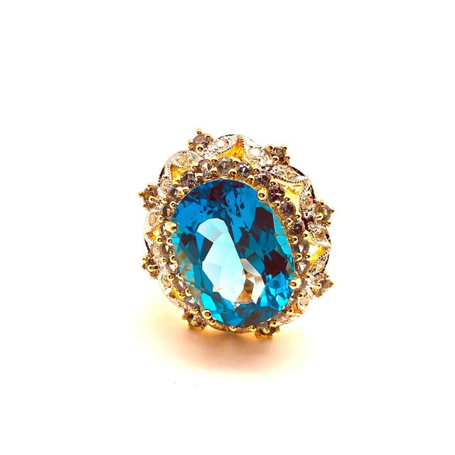 Art Deco Bochic "Orient" Vintage Blue Topaz, Sapphire & Diamonds Ring S18K Gold & Silver For Sale - Image 3 of 18