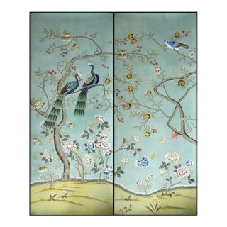 Peacock Chinoiserie Wallpaper Hand Painted Wallpaper on Edo Silk For Sale