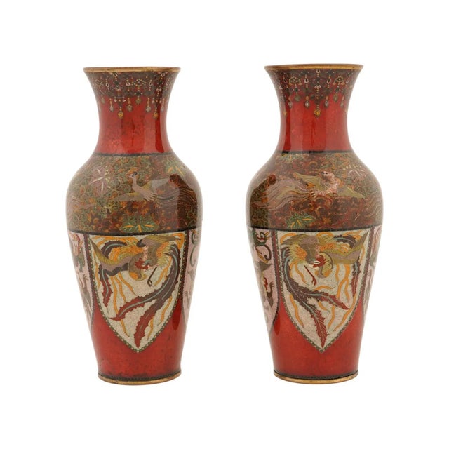 Japanese Cloisonne Enamel Meiji Translucent Red Dragon Vases, Honda School For Sale - Image 4 of 7