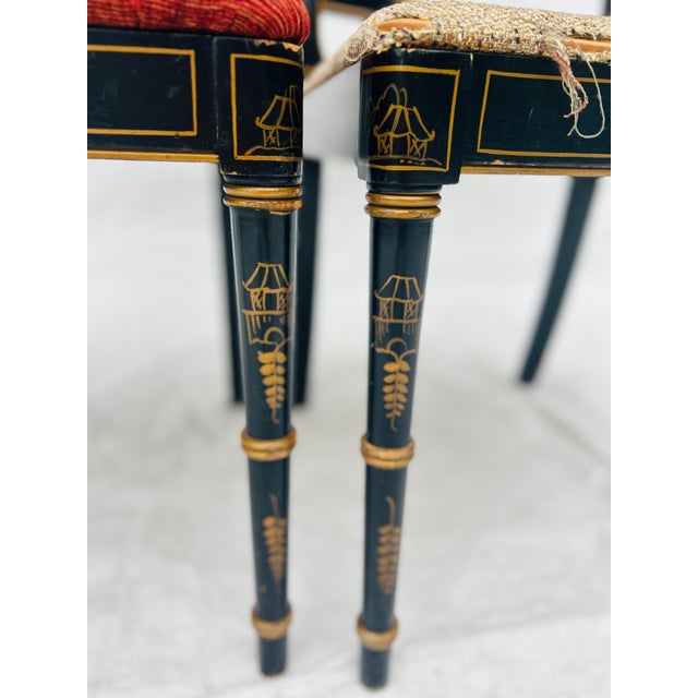 Late 50's Regency Style Painted Black Chinoiserie Set of 2 Chairs, No makers mark . 35.5h x 20.0w x 19.0d Seat 19. IW 19....