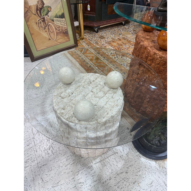 Vintage 1980s Postmodern Mactan Fossil Stone Round Side Table With Glass Top Excellent condition Measurements 24 inches...