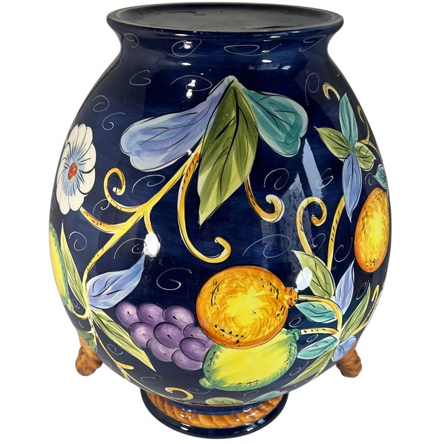Large 16+ In. Villa Bellagio Majolica Orcio Cobalt Blue Fruit Double-Handled Jug Urn Vase For Sale - Image 13 of 18