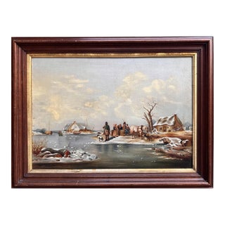 Vintage Oil Painting on Canvas, Winter Landscape, Village, Figures. Framed For Sale