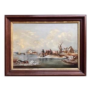 Vintage Oil Painting on Canvas, Winter Landscape, Village, Figures. Framed