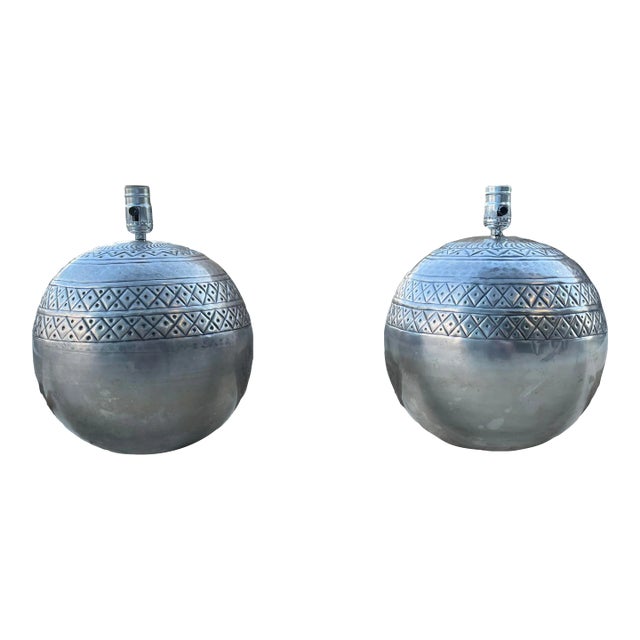 Pair of Nickel Plated Spherical Brass Table Lamps From Sarreid Ltd. For Sale