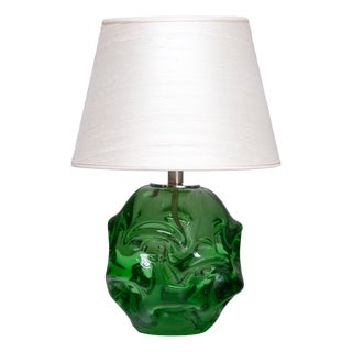 Vintage Green Glass Table Lamp with Silk Shade by Börne Augustsson, Sweden, 1940s For Sale