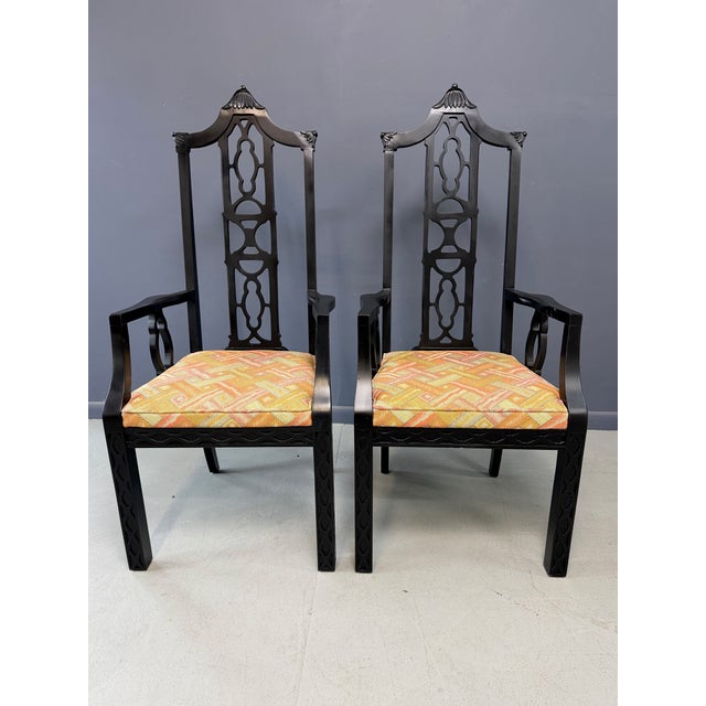 Chinoiserie Elegant Pair of 1970s Black Chinoiserie Arm Chairs W/Carved Details Mid Century For Sale - Image 3 of 11