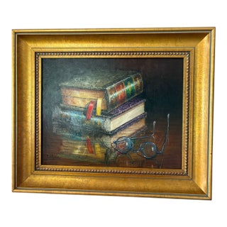 Framed Oil on Canvas "Libros Y Gafas" - "Books and Glasses" by Florencio Barandiaran Maza, Late 20th Century For Sale