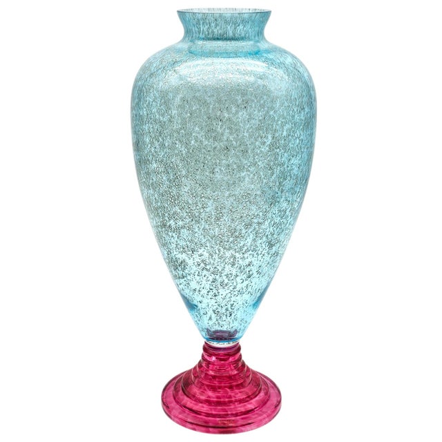 Glass Tall Italian Art Glass Vase Aqua Controlled Bubble With Ruby Red Base Sculptural Murano Style 15" For Sale - Image 7 of 11