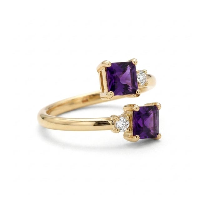 Contemporary Natural Amethyst Two Stone Bypass Ring • February Birthstone Cluster Ring • Alternative Engagement Ring Us 7 For Sale - Image 3 of 3
