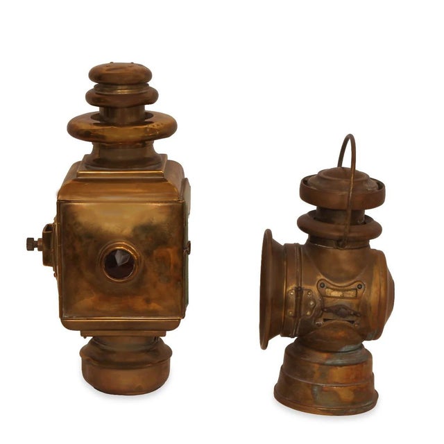 Rare and full of character, this set of antique Bleriot &amp; Lucas Burbury oil-illuminated side lamps is a striking...