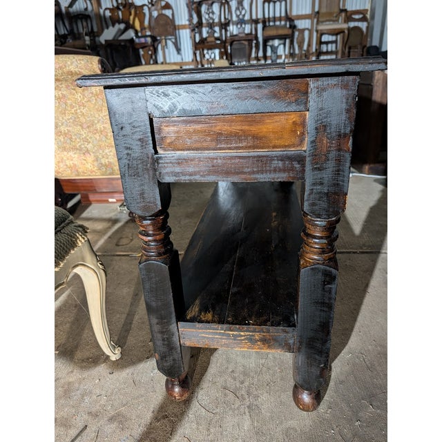 Wood MId 20th Century Rustic Distressed Black Wood Console Table With Drawer and Equestrian Ring Pulls For Sale - Image 7 of 11