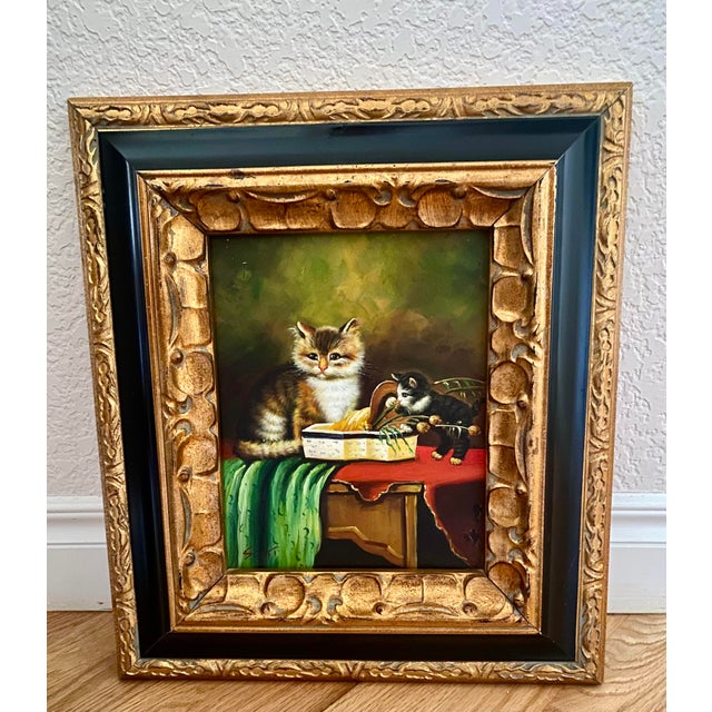 Mid 20th Century Oil on Board Painting of Playful Kittens - Signed 'Scott' (After Jules Leroy) in Ornate Gold Toned With Black Accent Frame. For Sale - Image 18 of 18