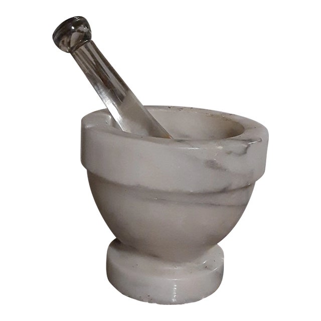 Mid Century Marble White and Gray Mortar and Crystal Pestle For Sale