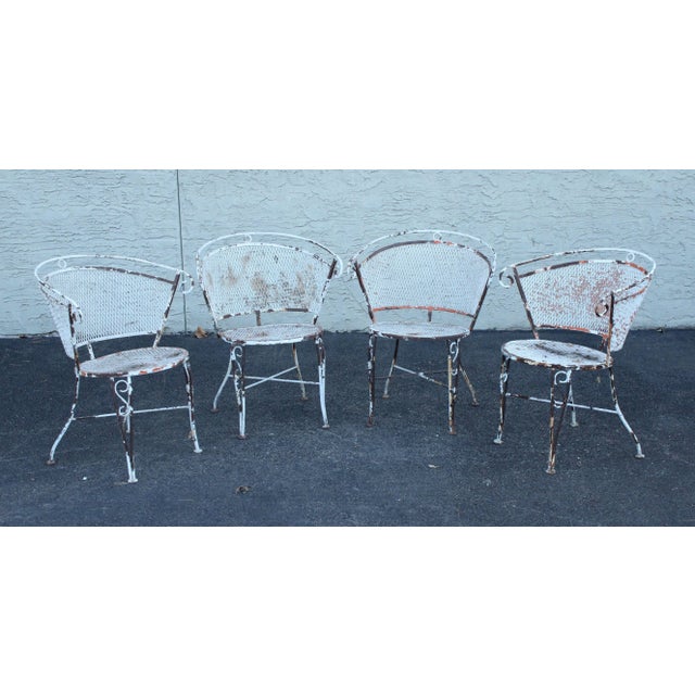 High Quality Vintage Set Of 4 Mid Century Wrought Iron Patio Chairs, Distressed Paint and Iron Scrolls