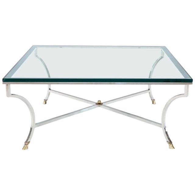 Square Chrome and Brass Hoof Feet Base Coffee Table Thick Glass Top For Sale