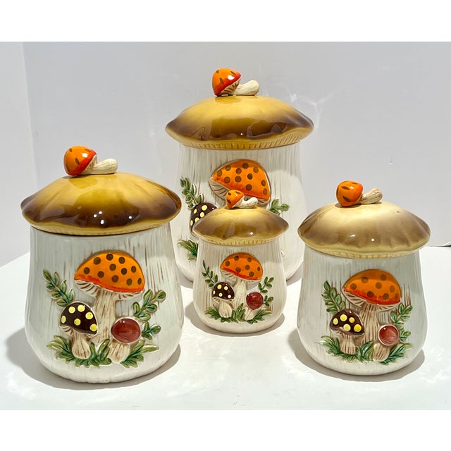 Set of 4, Vintage 1976 Mushroom Canister Set – Sears Roebuck Japan – Retro 70s Kitchen For Sale - Image 15 of 16