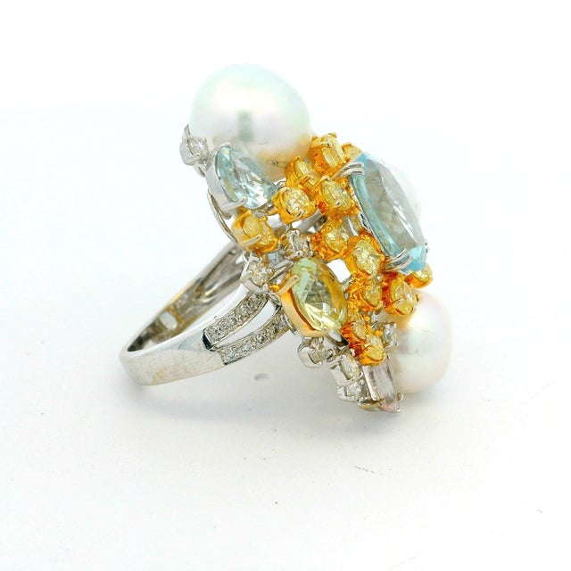 1980s 18k White Gold Aquamarine Multi-Gem Pearl Diamond Cluster Cocktail Ring, Size 6.75 For Sale - Image 4 of 10