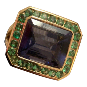 Christina Addison Yellow Gold Bezel Set Ring With Iolite and Surrounding Green Garnet