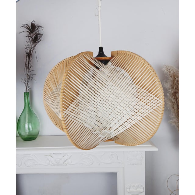 Vintage Pendant Light in Wood and Wicker, 1980s For Sale - Image 3 of 13
