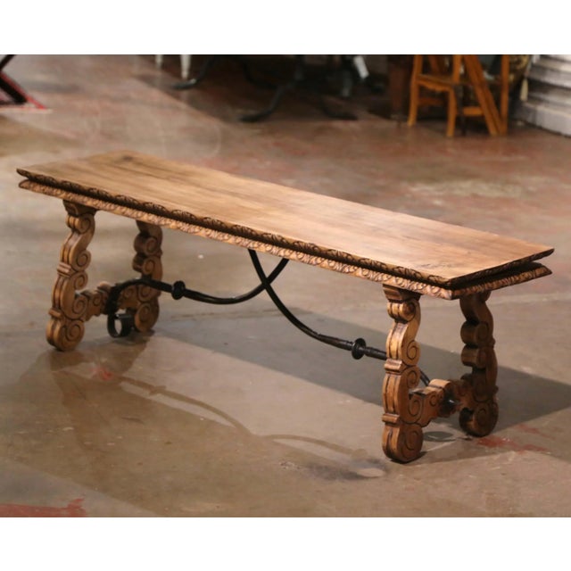 19th Century Spanish Renaissance Carved Chestnut Folding Bench With Iron For Sale - Image 9 of 12