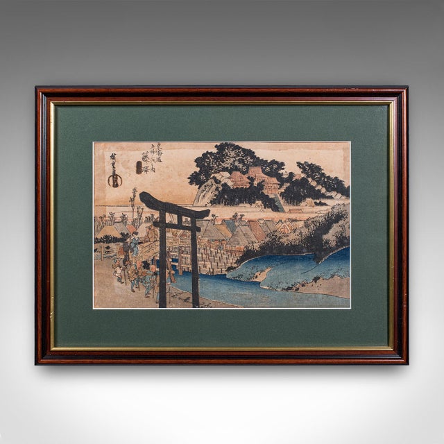 This is an antique Woodblock landscape picture. A Japanese, framed print in the manner of Hiroshige, dating to the late...
