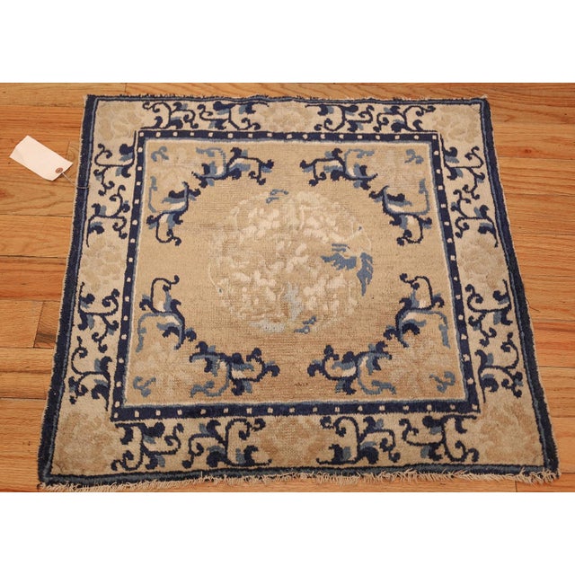 Rare and Collectible Beautiful Square Shape and Scatter Size Golden Antique Chinese Ningxia Rug 49274, Origin / Rug Type:...