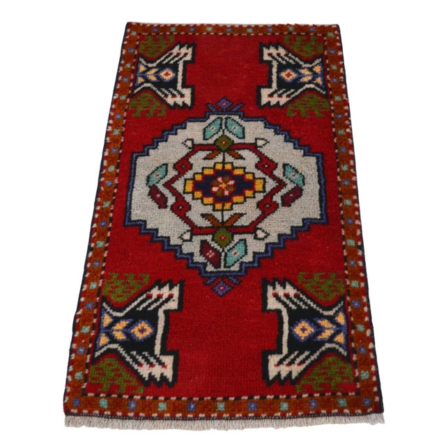 Ruby Red 1970 Hand Knotted Mat Small Turkish Rug Entry Decor Door Mat- 1′9″ × 3′ For Sale - Image 8 of 12