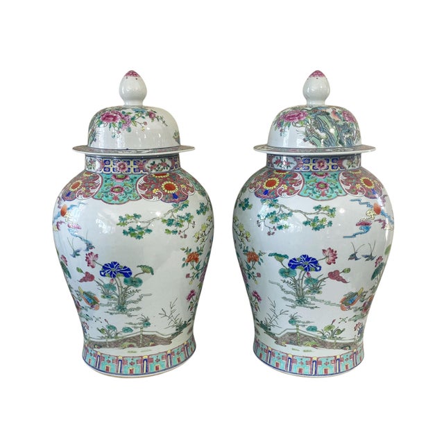 Vintage Lg Chinoiserie Famille Rose Porcelain Ginger Jars 26" H Pair For Sale In New York - Image 6 of 11