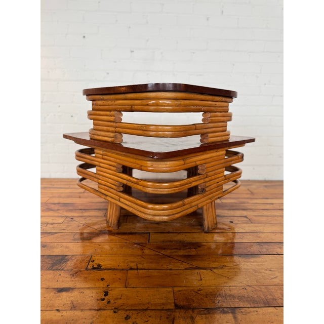 Mid-Century Modern Vintage Paul Frankl-Style Two-Tiered Rattan Side Table For Sale - Image 3 of 9