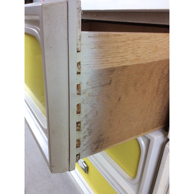 Mid Century Space Age Style Lowboy Dresser With Mounted Mirror & Yellow Drawer Faces For Sale - Image 17 of 18