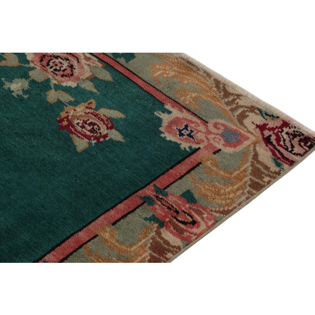 1960s 1960s Vintage Distressed Rug in Green Open Field With Red Beige Floral Border For Sale - Image 5 of 7