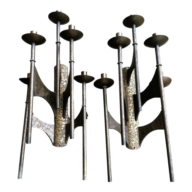 Pair of Large 43" H Brutalist Bronze Sconces From Famed Mid 20th Century Modern Shaare Zedek Synagogue in St. Louis - Made in 1950s For Sale