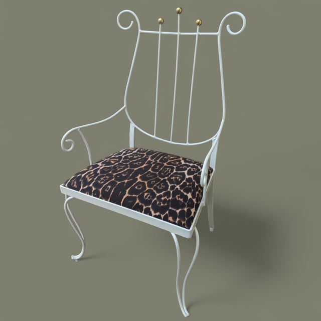 Brown Jordan Vintage Neoclassical Metal Lyre Arm Chair With Leopard Seat Cushion For Sale - Image 4 of 12