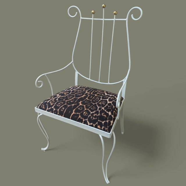 Brown Jordan Vintage White Wrought Iron Lyre Arm Chair With Leopard Seat Cushion For Sale - Image 4 of 12