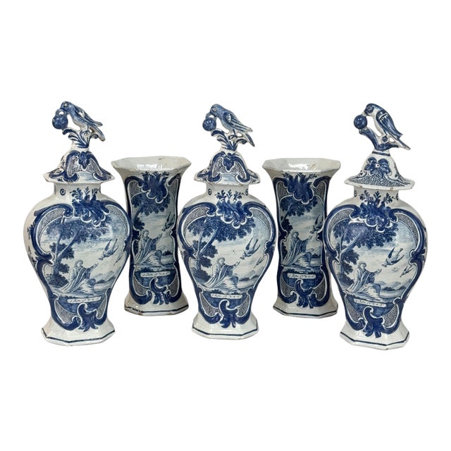 Set of Five 18th Century Dutch Delft Biblical-Themed Garniture Vases For Sale
