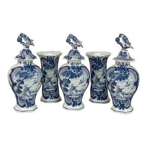 Set of Five 18th Century Dutch Delft Biblical-Themed Garniture Vases
