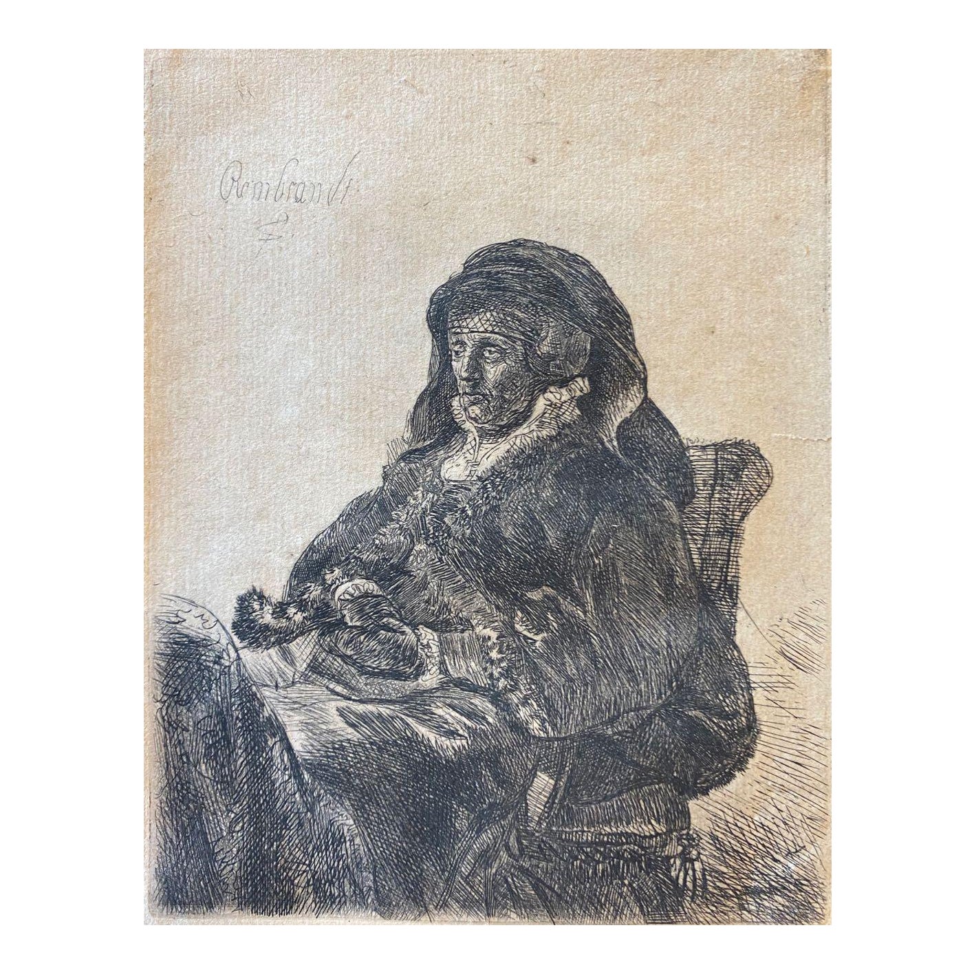 17th Century Rembrandt Etching, Rembrandt's Mother 1632 Chairish