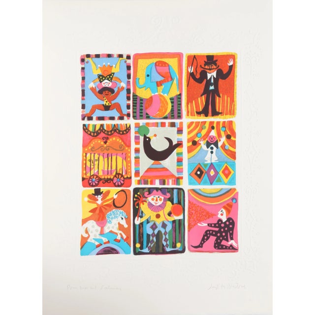 Shown in a nine-paneled grid like several of her other works, Judith Ledsoe's scenes from the circus include images of...