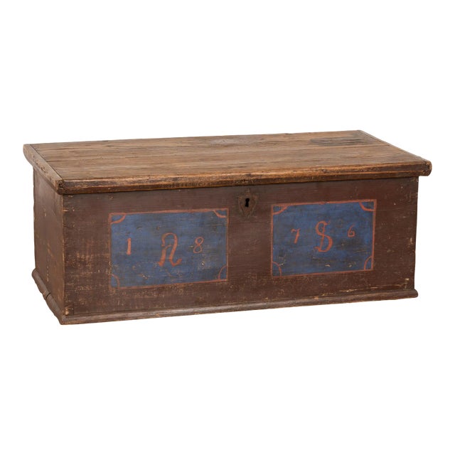 19th Century Hand Painted Flat Top Trunk Dated 1876 For Sale