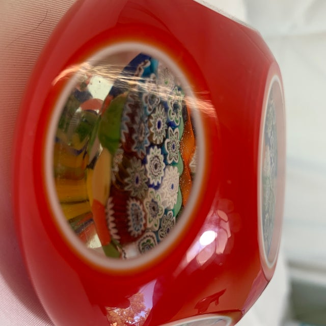 Mid-Century Modern Vintage Faceted Murano Millefiori Double-Overlay Art Glass Paperweight For Sale - Image 3 of 7